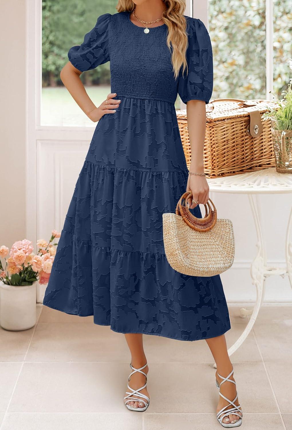 imageZESICA Womens 2026 Summer Short Puff Sleeve Crewneck Smocked Floral Lace Flowy A Line Tiered Maxi DressesNavy