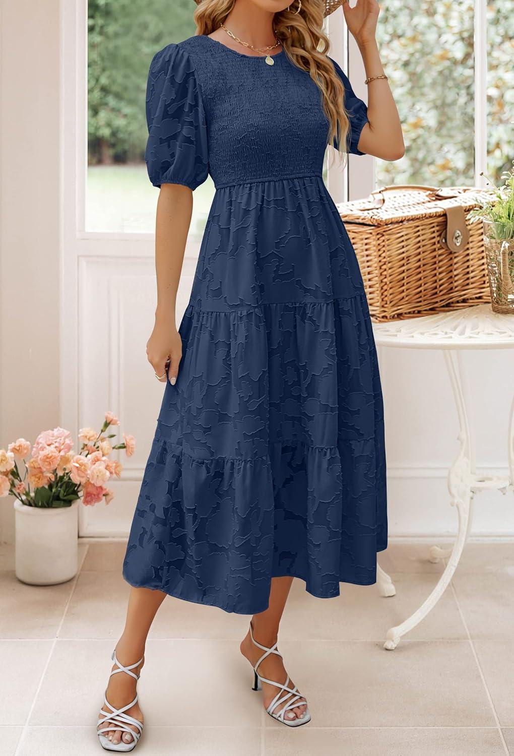 imageZESICA Womens 2026 Summer Short Puff Sleeve Crewneck Smocked Floral Lace Flowy A Line Tiered Maxi DressesNavy