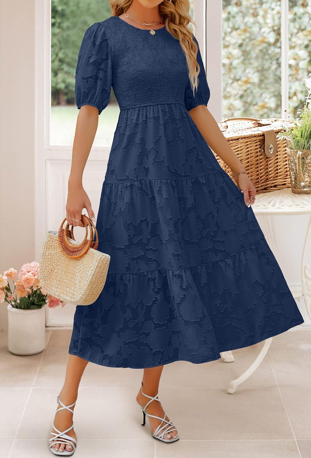imageZESICA Womens 2026 Summer Short Puff Sleeve Crewneck Smocked Floral Lace Flowy A Line Tiered Maxi DressesNavy