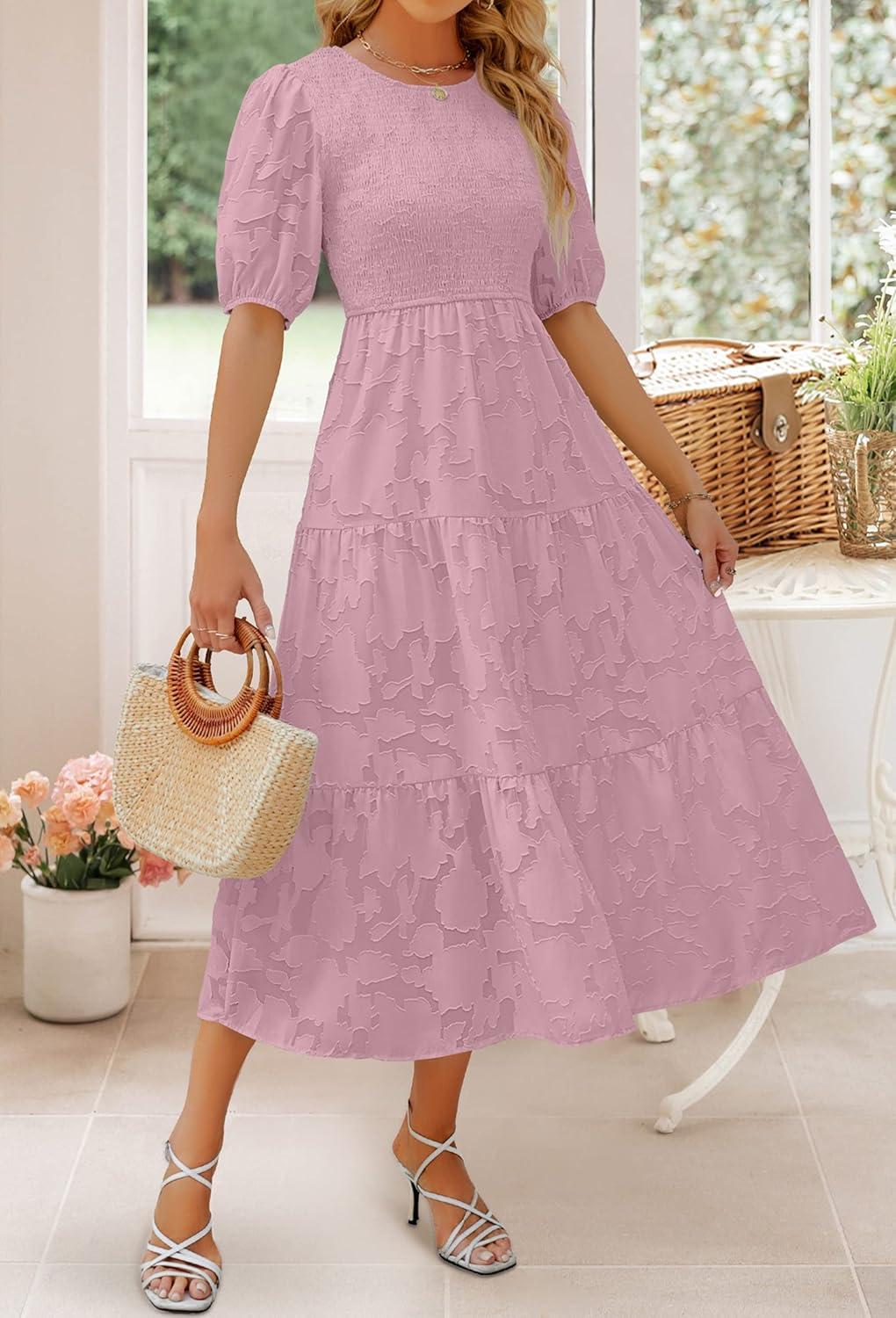 imageZESICA Womens 2026 Summer Short Puff Sleeve Crewneck Smocked Floral Lace Flowy A Line Tiered Maxi DressesPurple