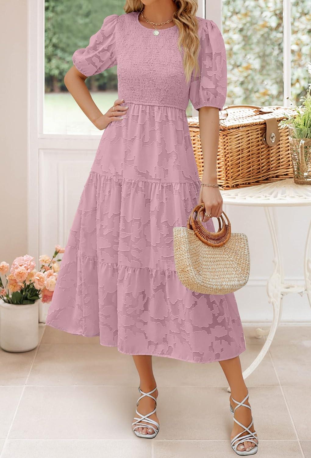 imageZESICA Womens 2026 Summer Short Puff Sleeve Crewneck Smocked Floral Lace Flowy A Line Tiered Maxi DressesPurple