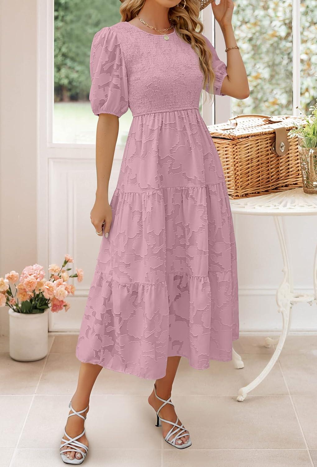 imageZESICA Womens 2026 Summer Short Puff Sleeve Crewneck Smocked Floral Lace Flowy A Line Tiered Maxi DressesPurple