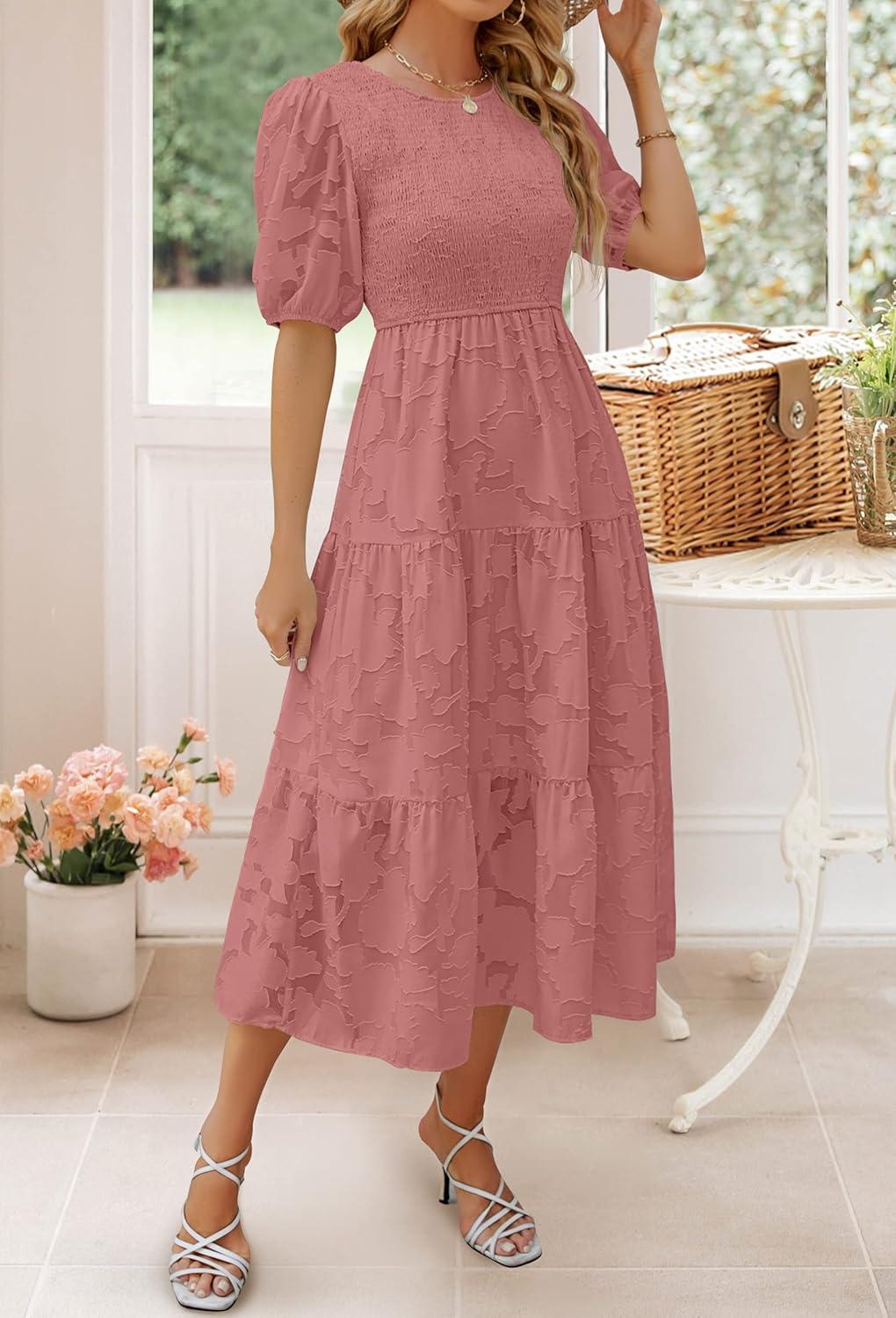 imageZESICA Womens 2026 Summer Short Puff Sleeve Crewneck Smocked Floral Lace Flowy A Line Tiered Maxi DressesTearose