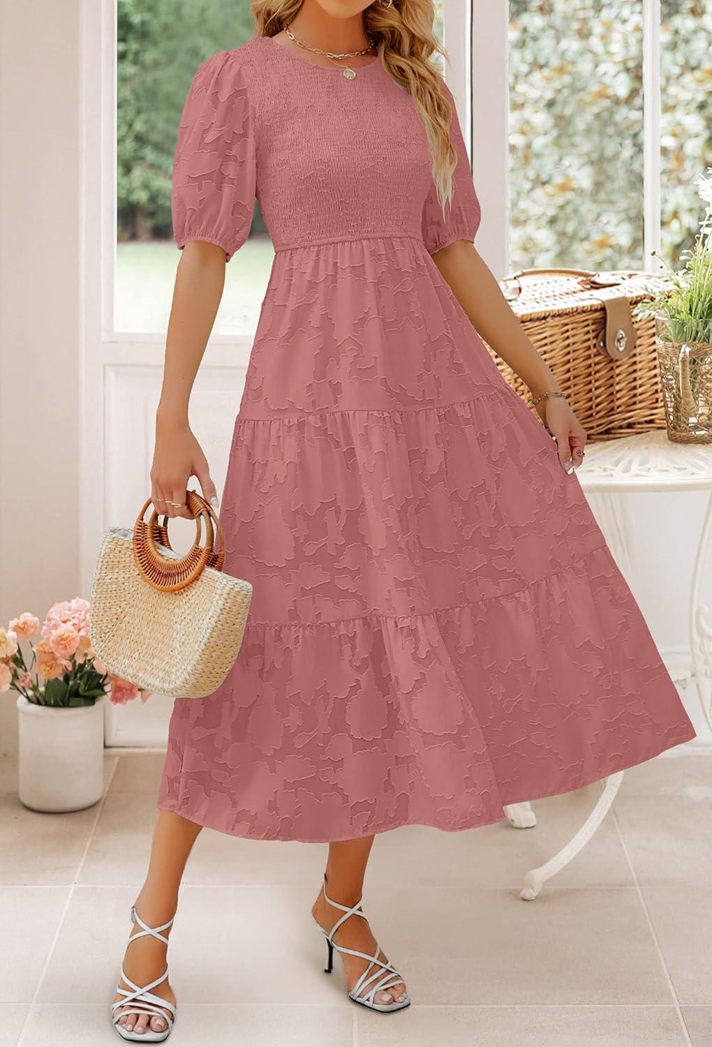 imageZESICA Womens 2026 Summer Short Puff Sleeve Crewneck Smocked Floral Lace Flowy A Line Tiered Maxi DressesTearose