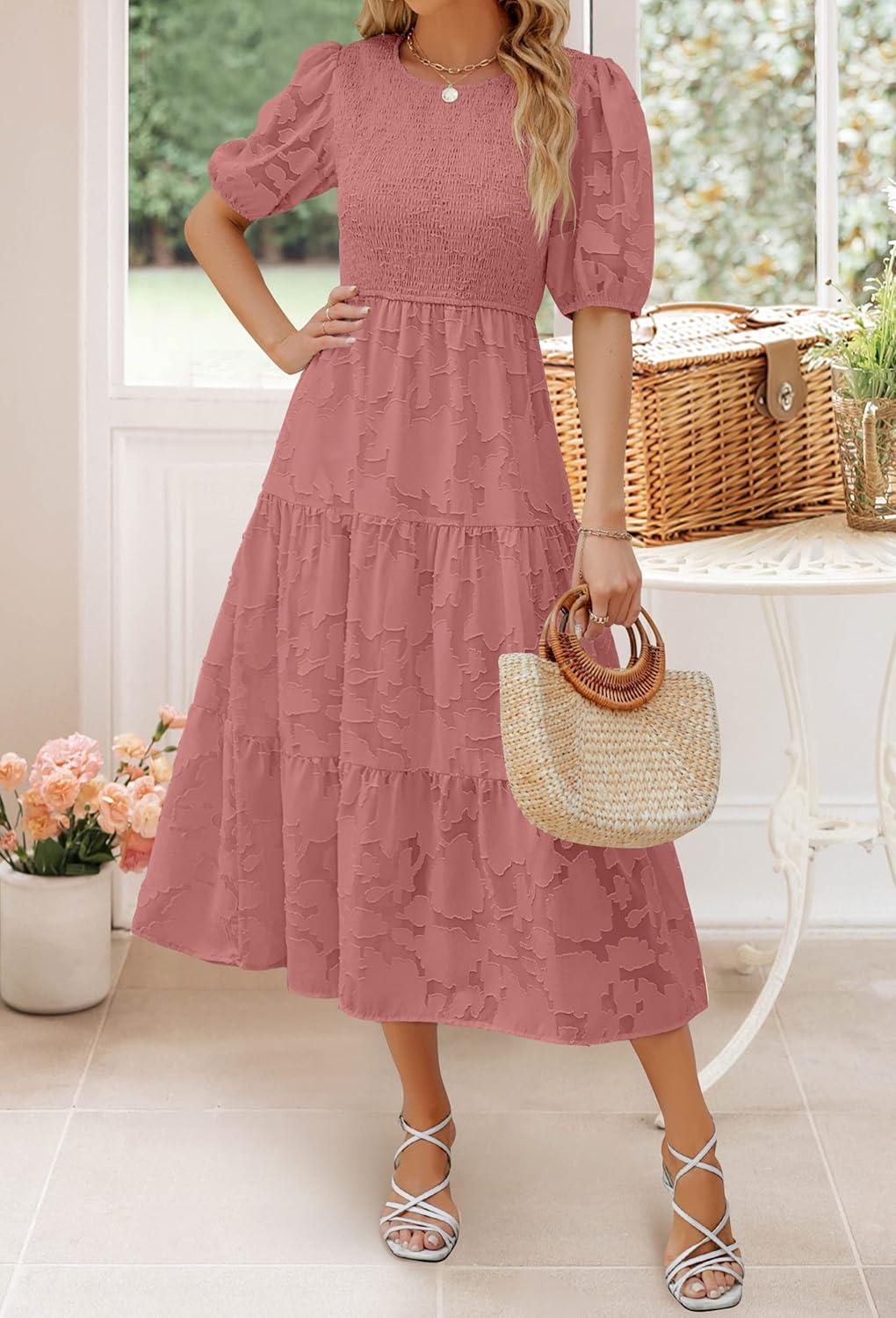 imageZESICA Womens 2026 Summer Short Puff Sleeve Crewneck Smocked Floral Lace Flowy A Line Tiered Maxi DressesTearose
