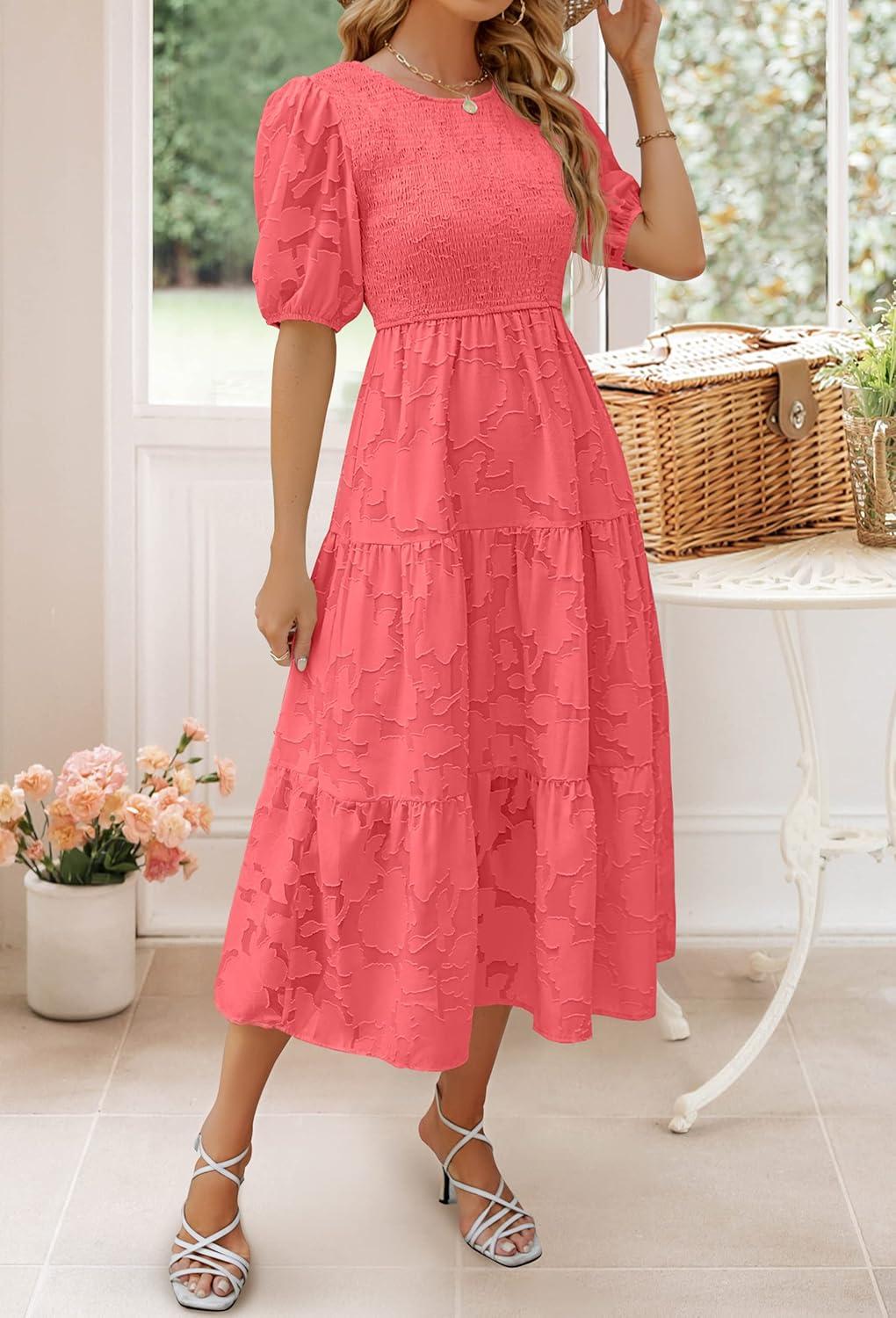 imageZESICA Womens 2026 Summer Short Puff Sleeve Crewneck Smocked Floral Lace Flowy A Line Tiered Maxi DressesWatermelon