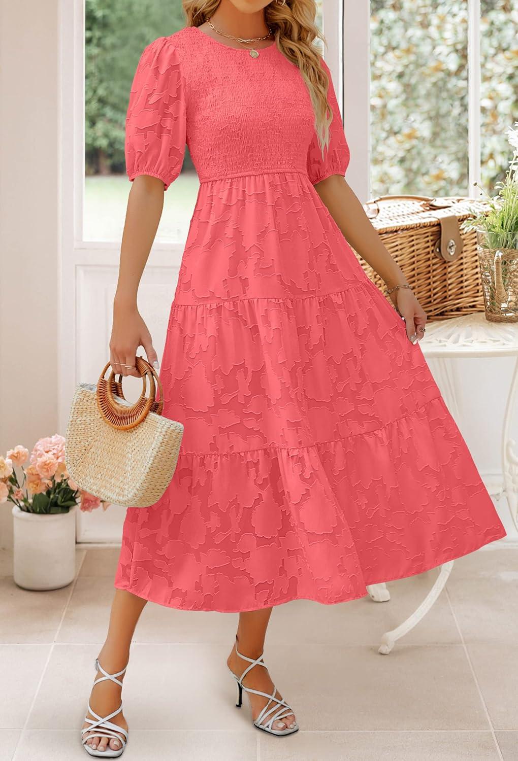 imageZESICA Womens 2026 Summer Short Puff Sleeve Crewneck Smocked Floral Lace Flowy A Line Tiered Maxi DressesWatermelon