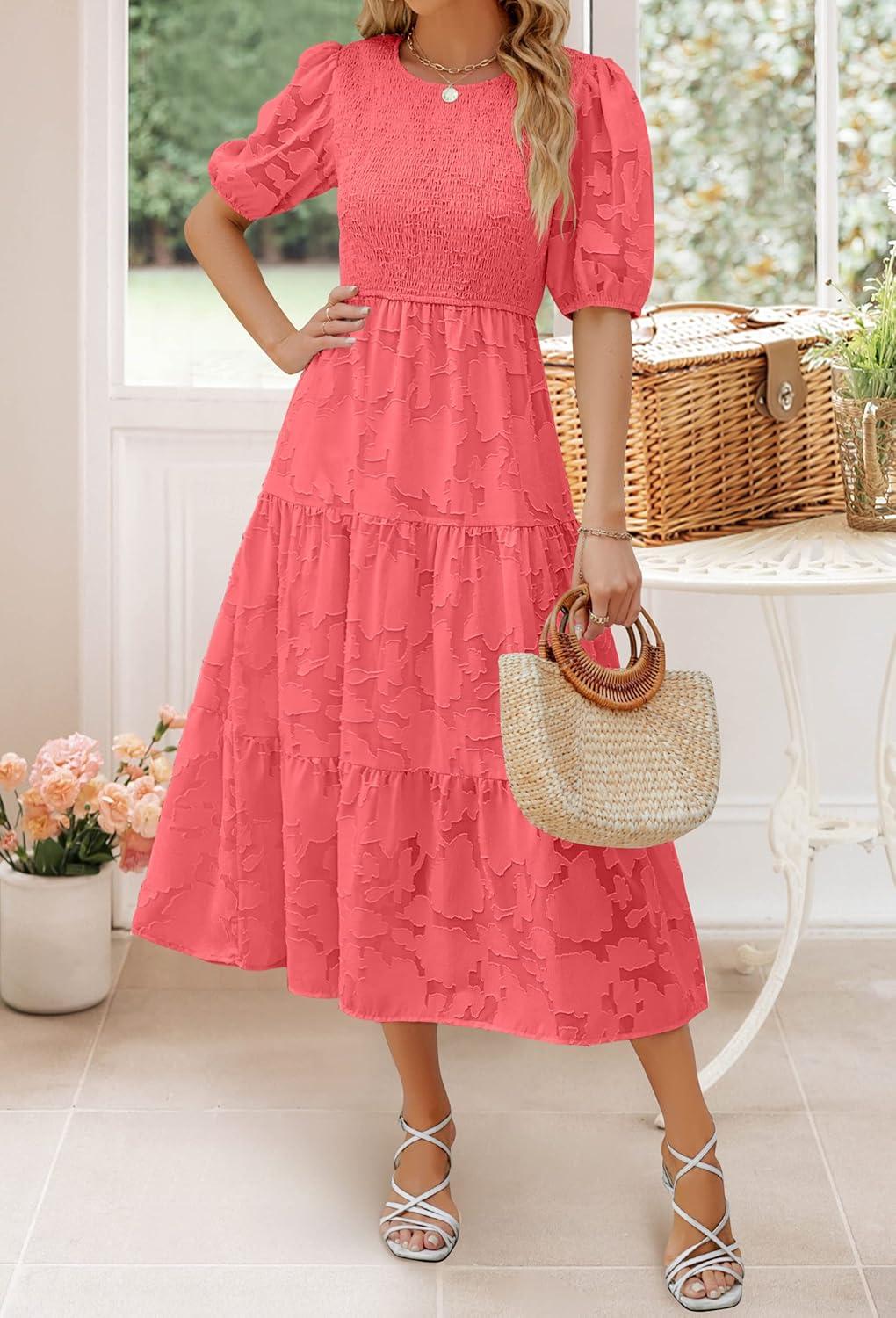 imageZESICA Womens 2026 Summer Short Puff Sleeve Crewneck Smocked Floral Lace Flowy A Line Tiered Maxi DressesWatermelon