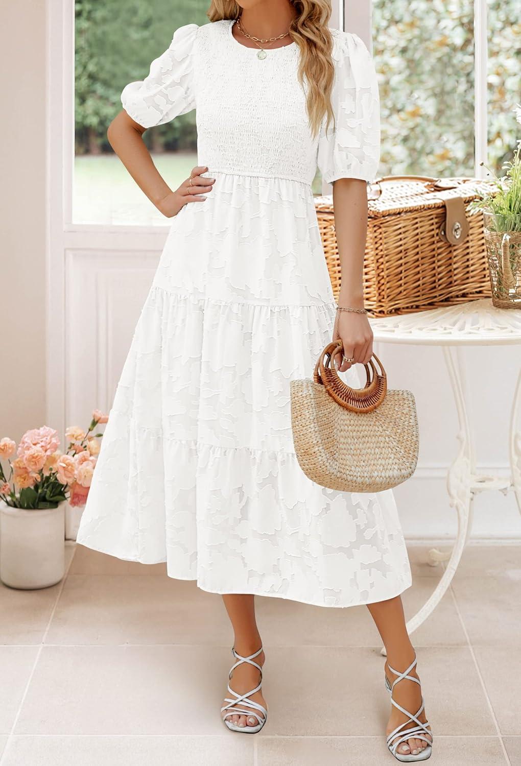 imageZESICA Womens 2026 Summer Short Puff Sleeve Crewneck Smocked Floral Lace Flowy A Line Tiered Maxi DressesWhite
