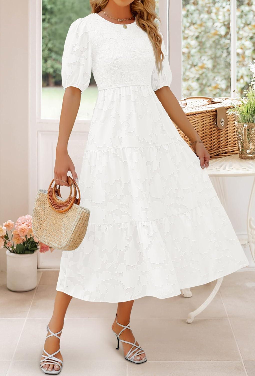 imageZESICA Womens 2026 Summer Short Puff Sleeve Crewneck Smocked Floral Lace Flowy A Line Tiered Maxi DressesWhite