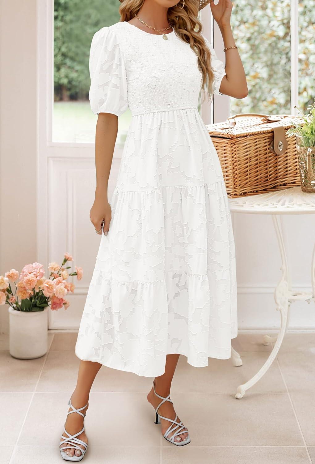 imageZESICA Womens 2026 Summer Short Puff Sleeve Crewneck Smocked Floral Lace Flowy A Line Tiered Maxi DressesWhite