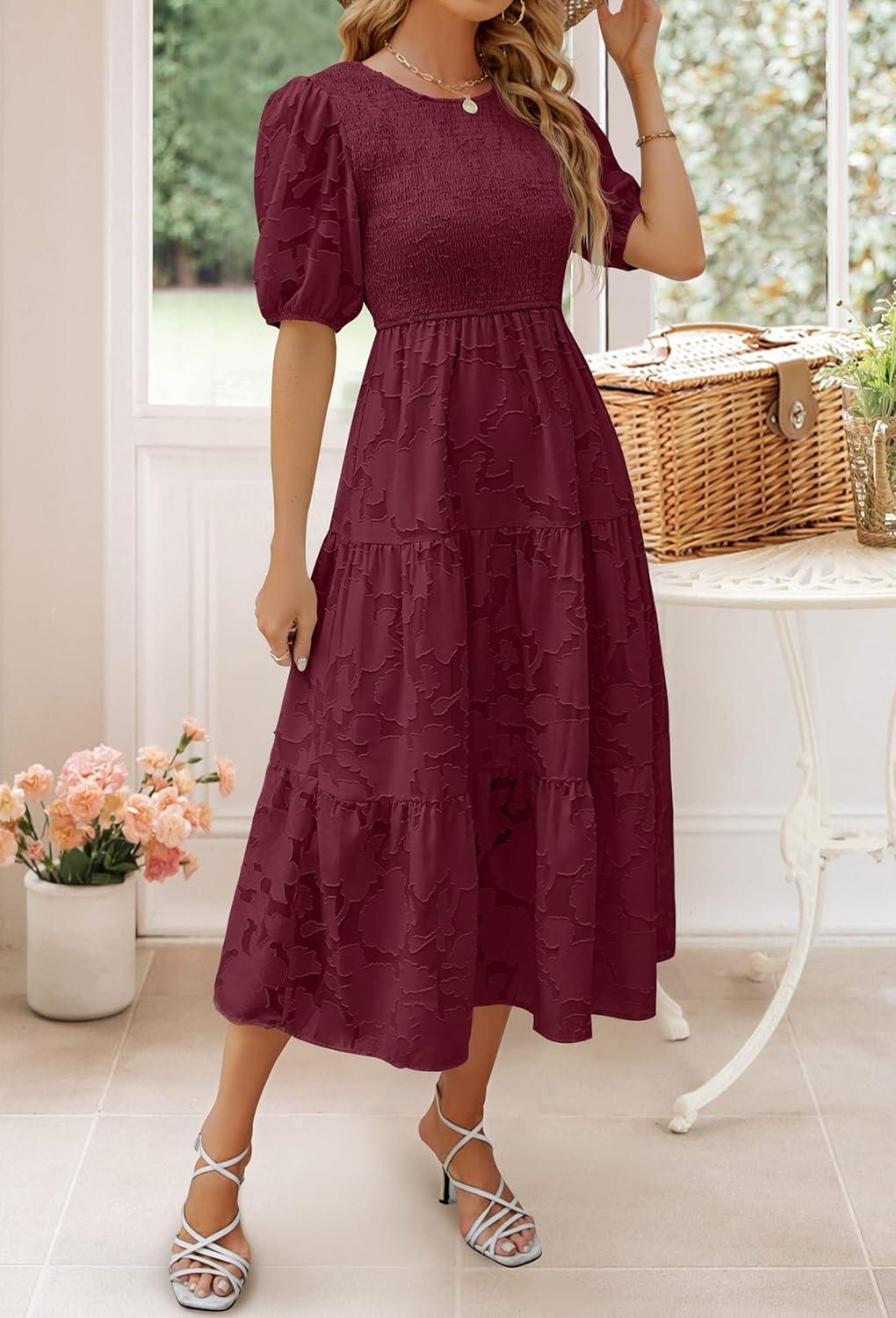 imageZESICA Womens 2026 Summer Short Puff Sleeve Crewneck Smocked Floral Lace Flowy A Line Tiered Maxi DressesWine