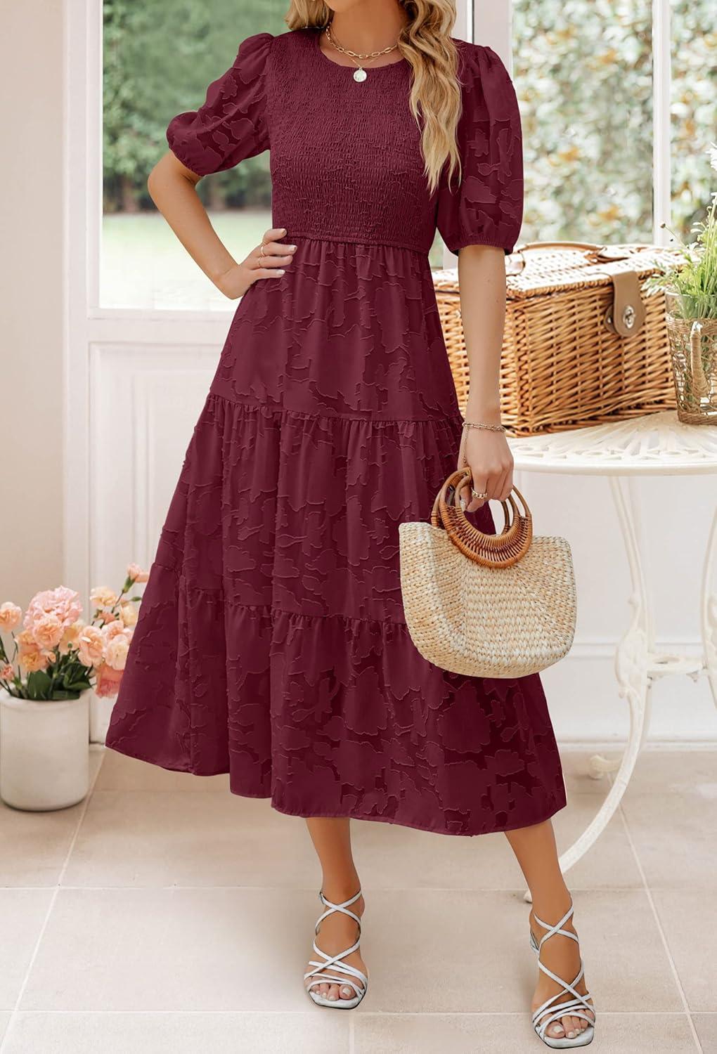 imageZESICA Womens 2026 Summer Short Puff Sleeve Crewneck Smocked Floral Lace Flowy A Line Tiered Maxi DressesWine