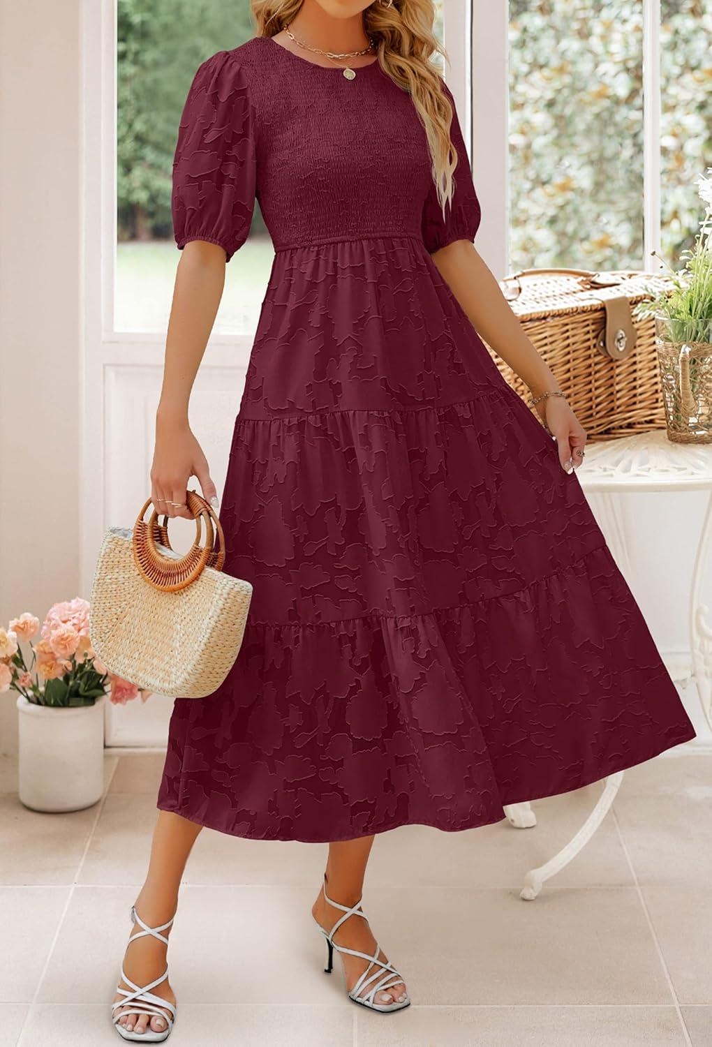 imageZESICA Womens 2026 Summer Short Puff Sleeve Crewneck Smocked Floral Lace Flowy A Line Tiered Maxi DressesWine