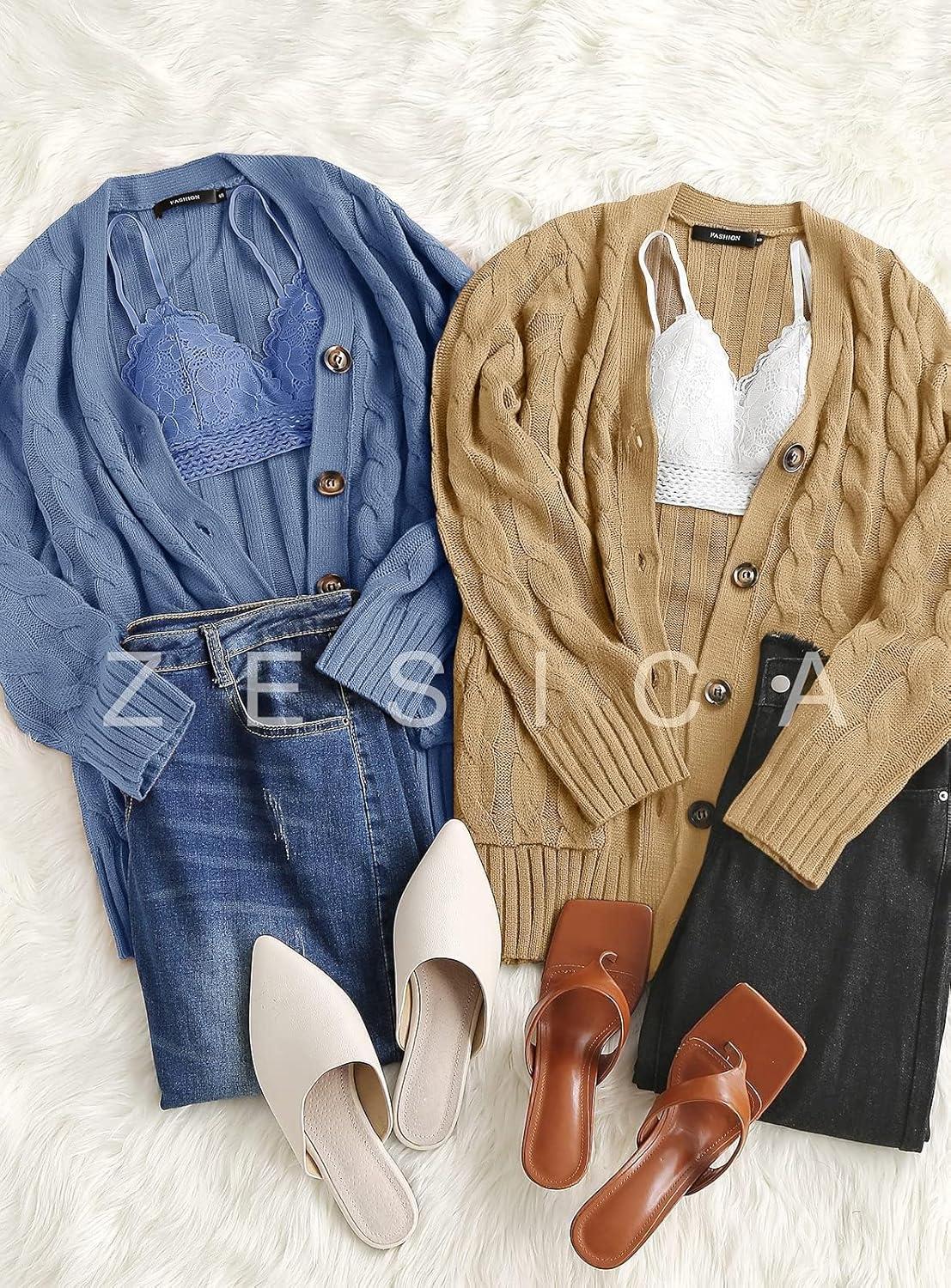 imageZESICA Womens Cardigan Sweaters 2026 Fall Button Down Open Front Cable Knit Casual Trendy Winter Clothing OuterwearKhaki