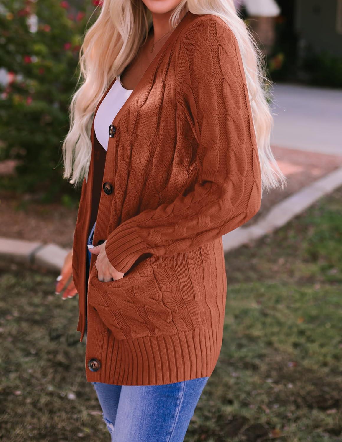 imageZESICA Womens Cardigan Sweaters 2026 Fall Button Down Open Front Cable Knit Casual Trendy Winter Clothing OuterwearRust