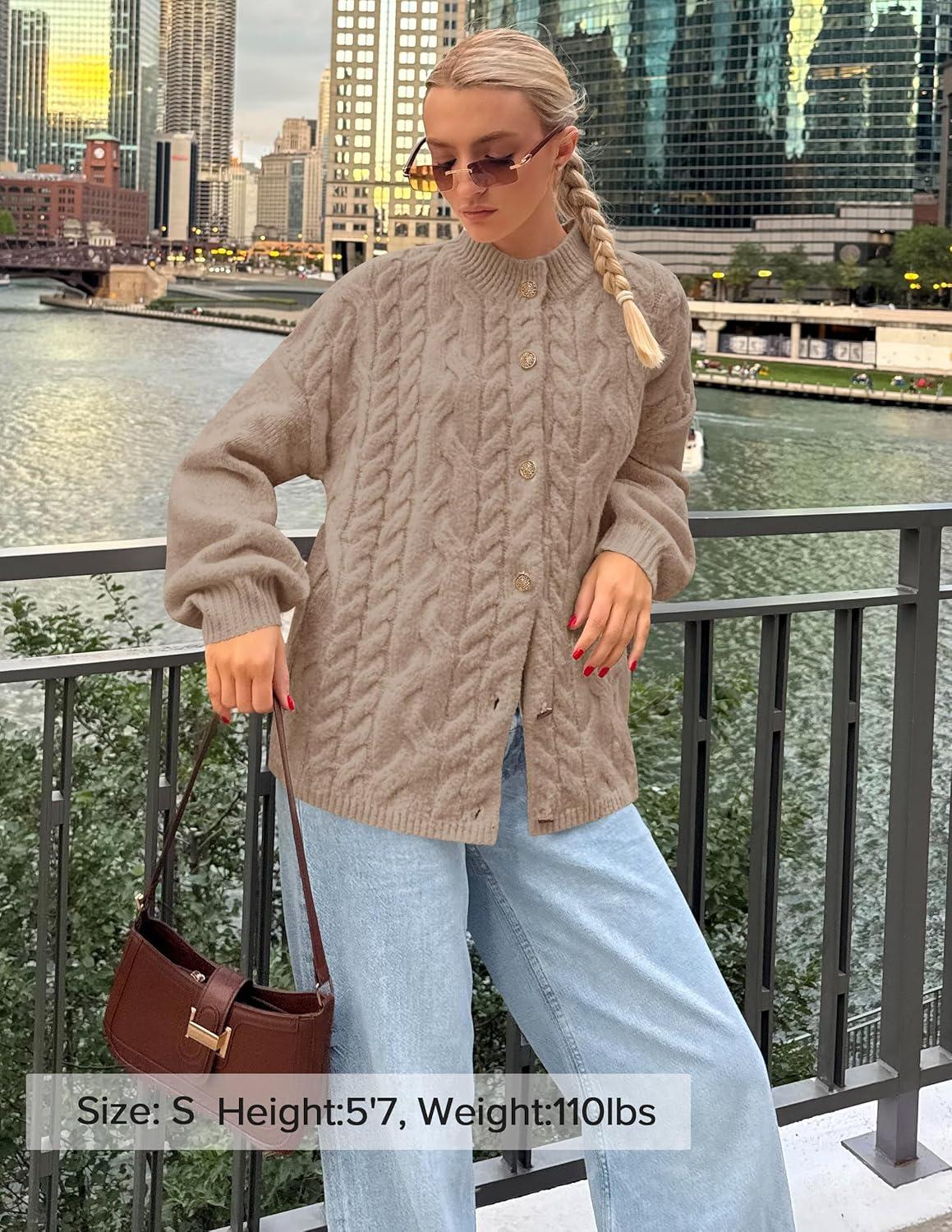 imageZESICA Womens Fall 2026 Cardigan Sweaters Long Sleeve Button Down Oversized Soft Knit Winter Coats Trendy OuterwearKhaki