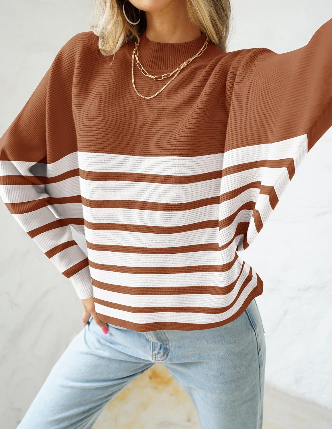 imageZESICA Womens Fall 2026 Turtleneck Batwing Long Sleeve Ribbed Knit Casual Soft Pullover Sweater Jumper TopBrown