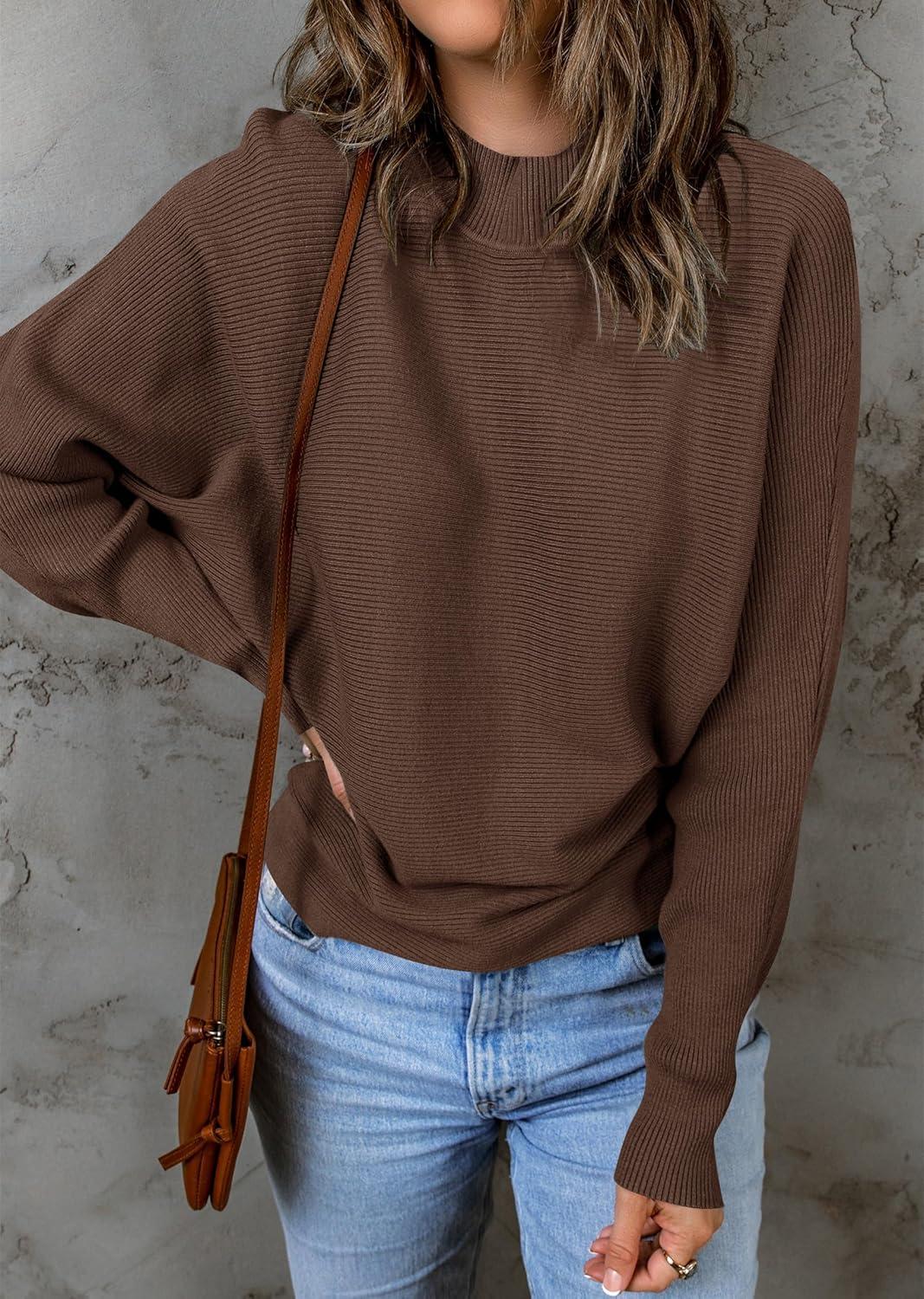 imageZESICA Womens Fall 2026 Turtleneck Batwing Long Sleeve Ribbed Knit Casual Soft Pullover Sweater Jumper TopCoffee
