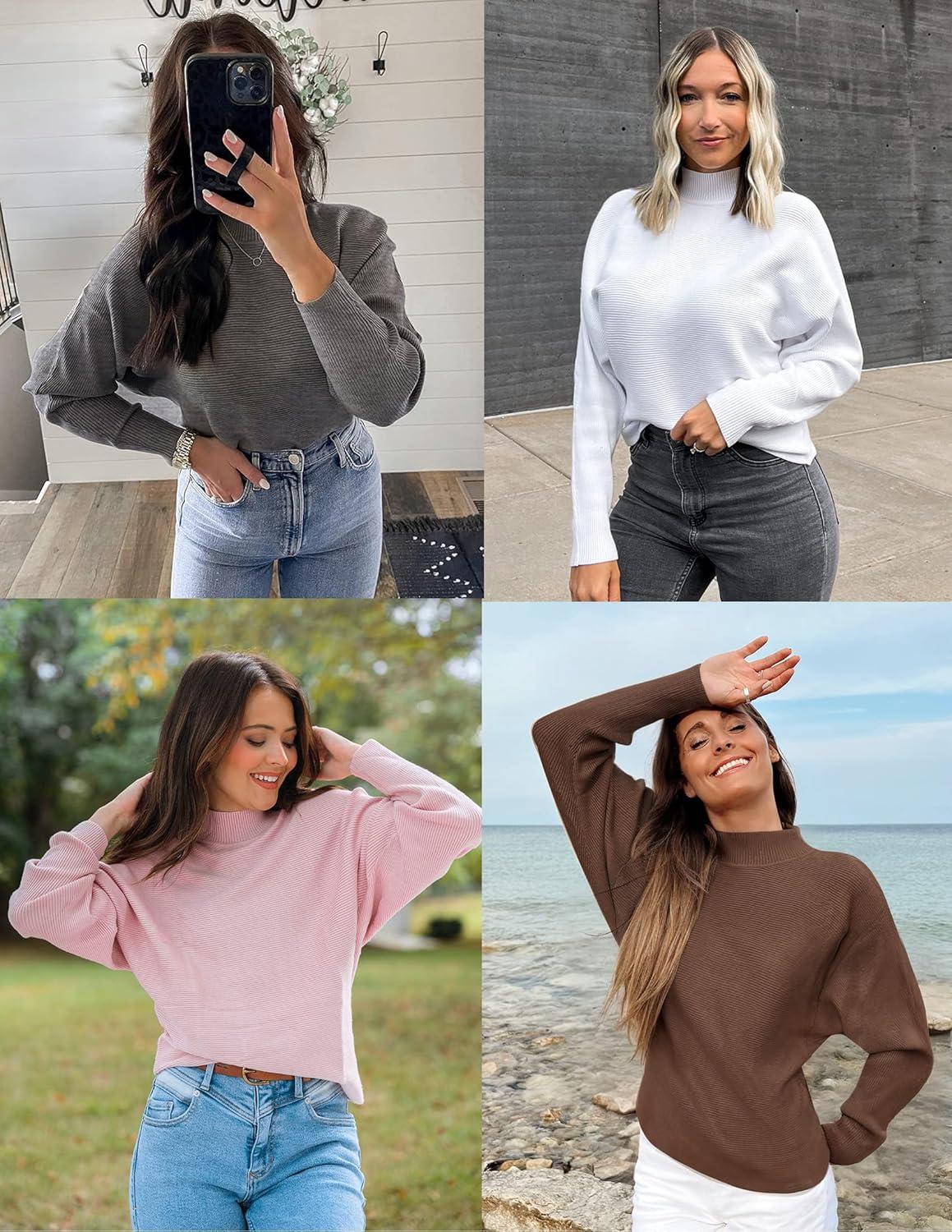 imageZESICA Womens Fall 2026 Turtleneck Batwing Long Sleeve Ribbed Knit Casual Soft Pullover Sweater Jumper TopDarkgrey