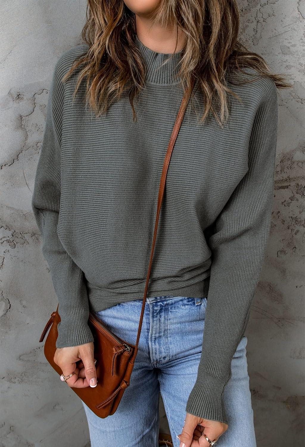 imageZESICA Womens Fall 2026 Turtleneck Batwing Long Sleeve Ribbed Knit Casual Soft Pullover Sweater Jumper TopDarkgrey