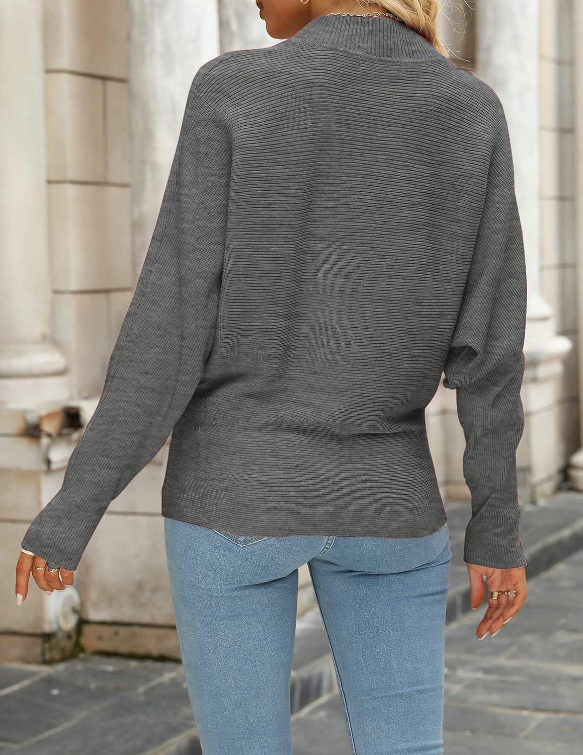 imageZESICA Womens Fall 2026 Turtleneck Batwing Long Sleeve Ribbed Knit Casual Soft Pullover Sweater Jumper TopDarkgrey