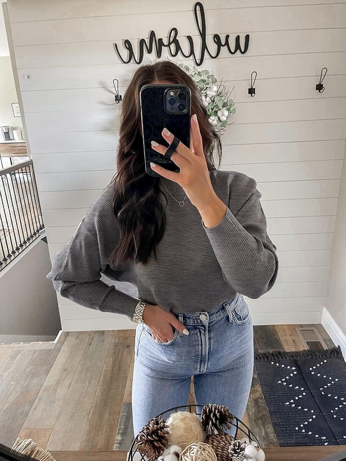 imageZESICA Womens Fall 2026 Turtleneck Batwing Long Sleeve Ribbed Knit Casual Soft Pullover Sweater Jumper TopDarkgrey