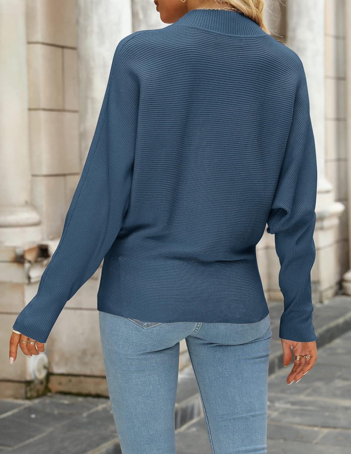 imageZESICA Womens Fall 2026 Turtleneck Batwing Long Sleeve Ribbed Knit Casual Soft Pullover Sweater Jumper TopDustyblue