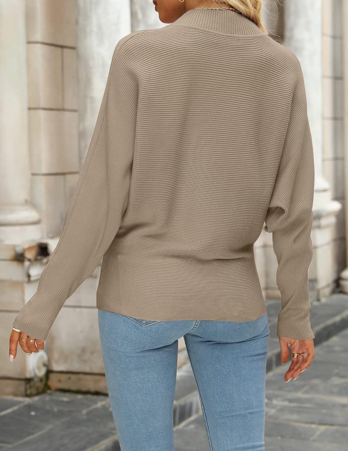imageZESICA Womens Fall 2026 Turtleneck Batwing Long Sleeve Ribbed Knit Casual Soft Pullover Sweater Jumper TopKhaki