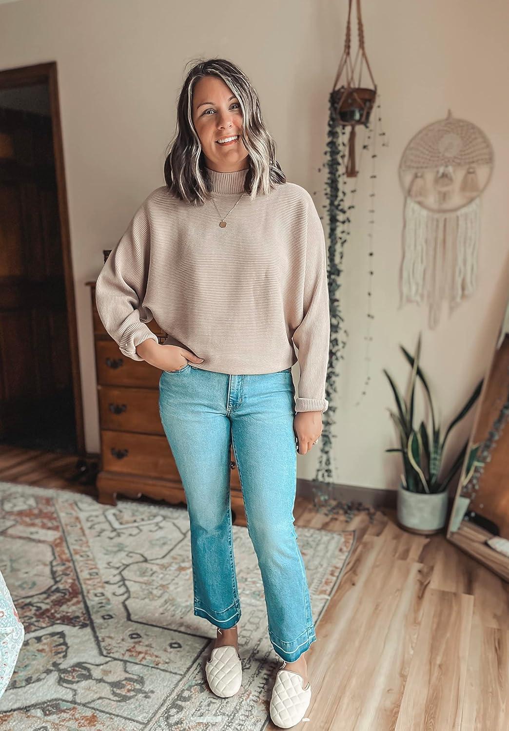 imageZESICA Womens Fall 2026 Turtleneck Batwing Long Sleeve Ribbed Knit Casual Soft Pullover Sweater Jumper TopKhaki