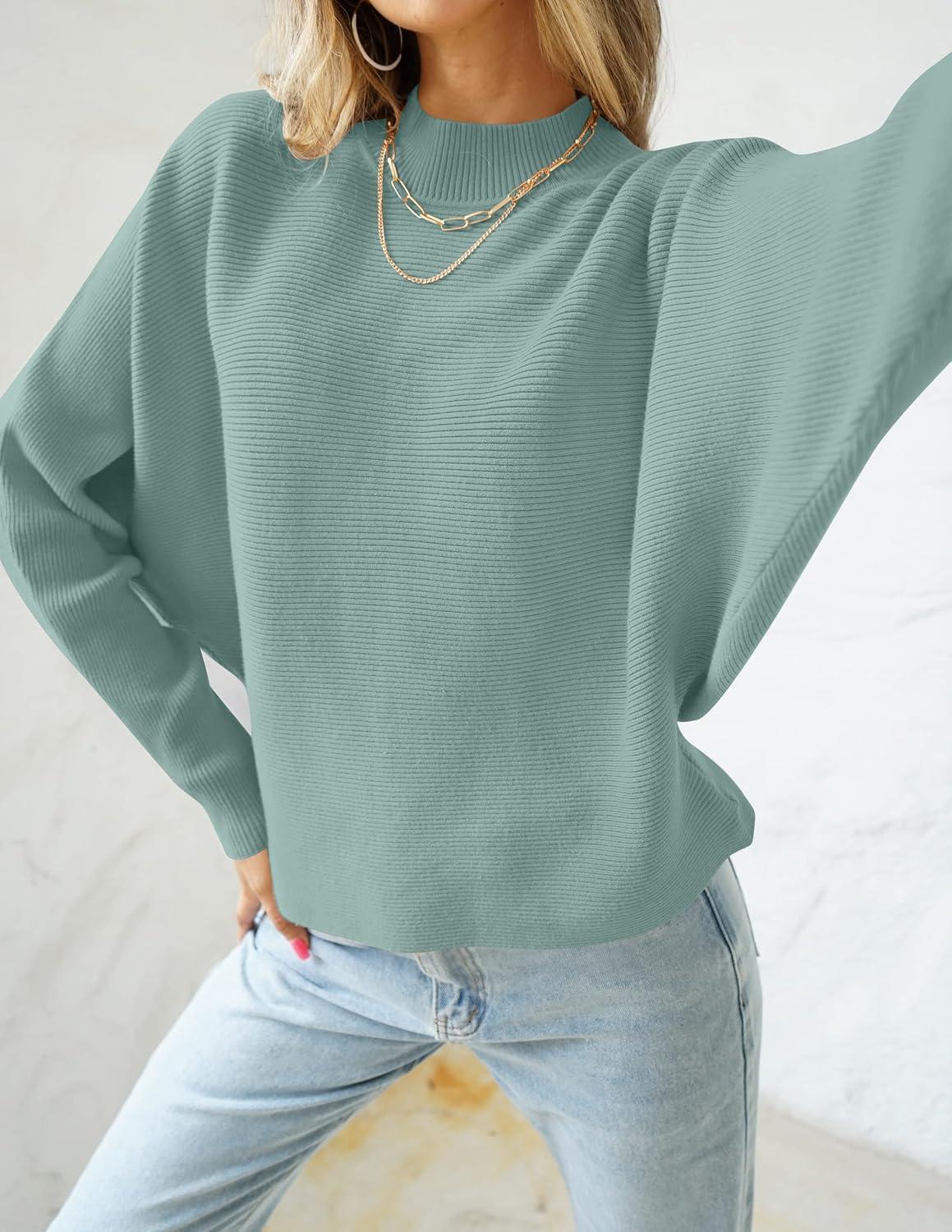 imageZESICA Womens Fall 2026 Turtleneck Batwing Long Sleeve Ribbed Knit Casual Soft Pullover Sweater Jumper TopLake