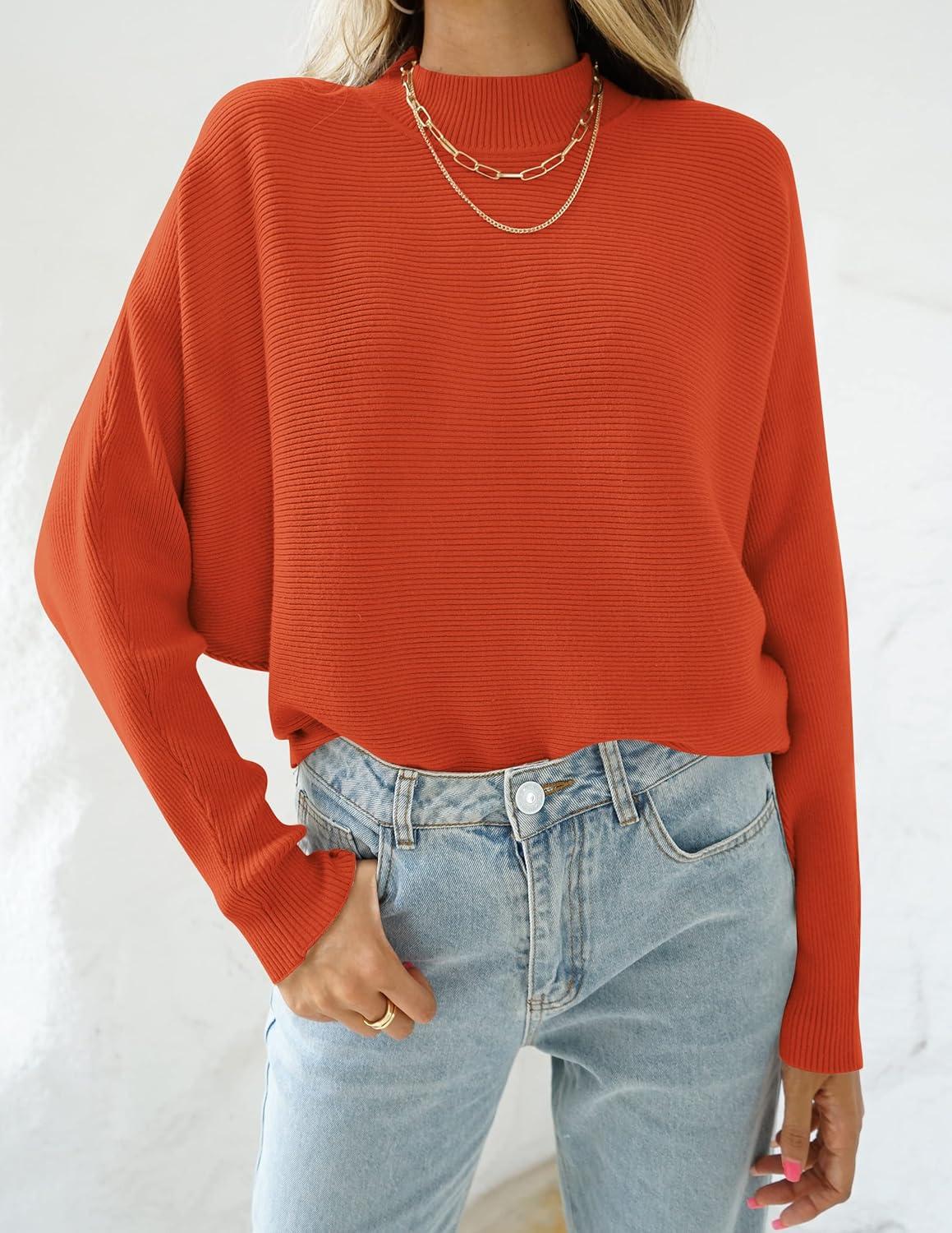 imageZESICA Womens Fall 2026 Turtleneck Batwing Long Sleeve Ribbed Knit Casual Soft Pullover Sweater Jumper TopOrange