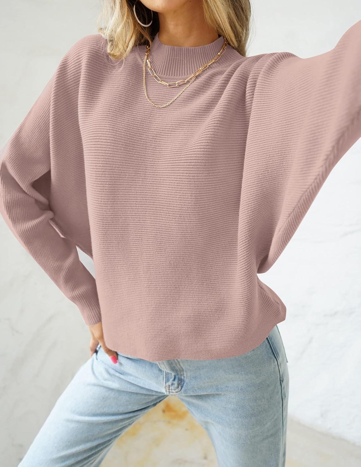 imageZESICA Womens Fall 2026 Turtleneck Batwing Long Sleeve Ribbed Knit Casual Soft Pullover Sweater Jumper TopPink