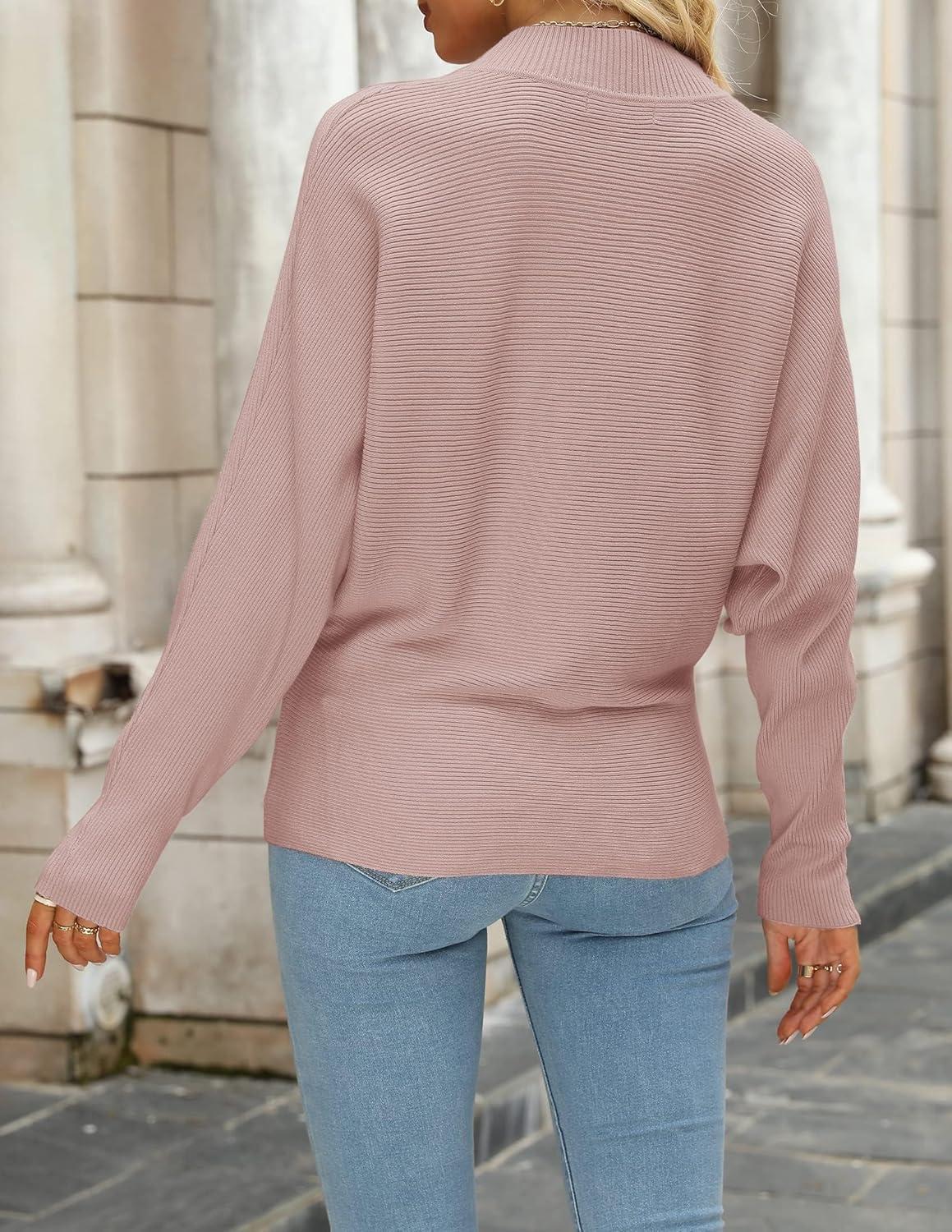 imageZESICA Womens Fall 2026 Turtleneck Batwing Long Sleeve Ribbed Knit Casual Soft Pullover Sweater Jumper TopPink