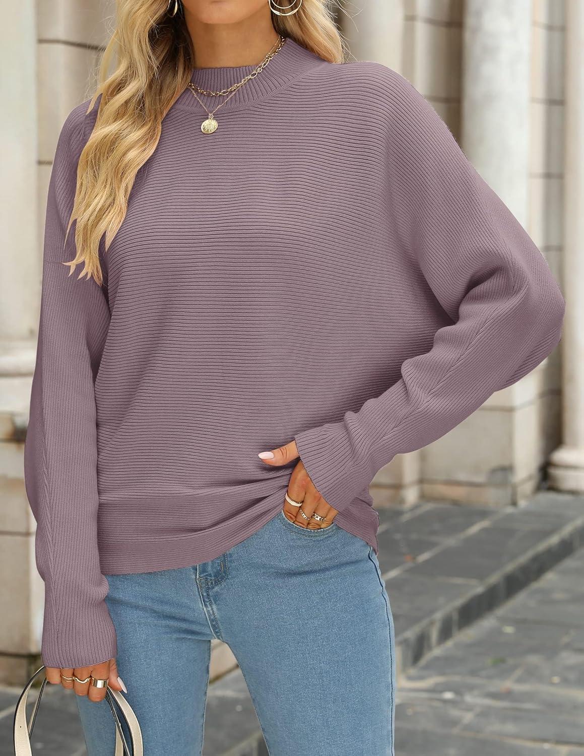 imageZESICA Womens Fall 2026 Turtleneck Batwing Long Sleeve Ribbed Knit Casual Soft Pullover Sweater Jumper TopPurple