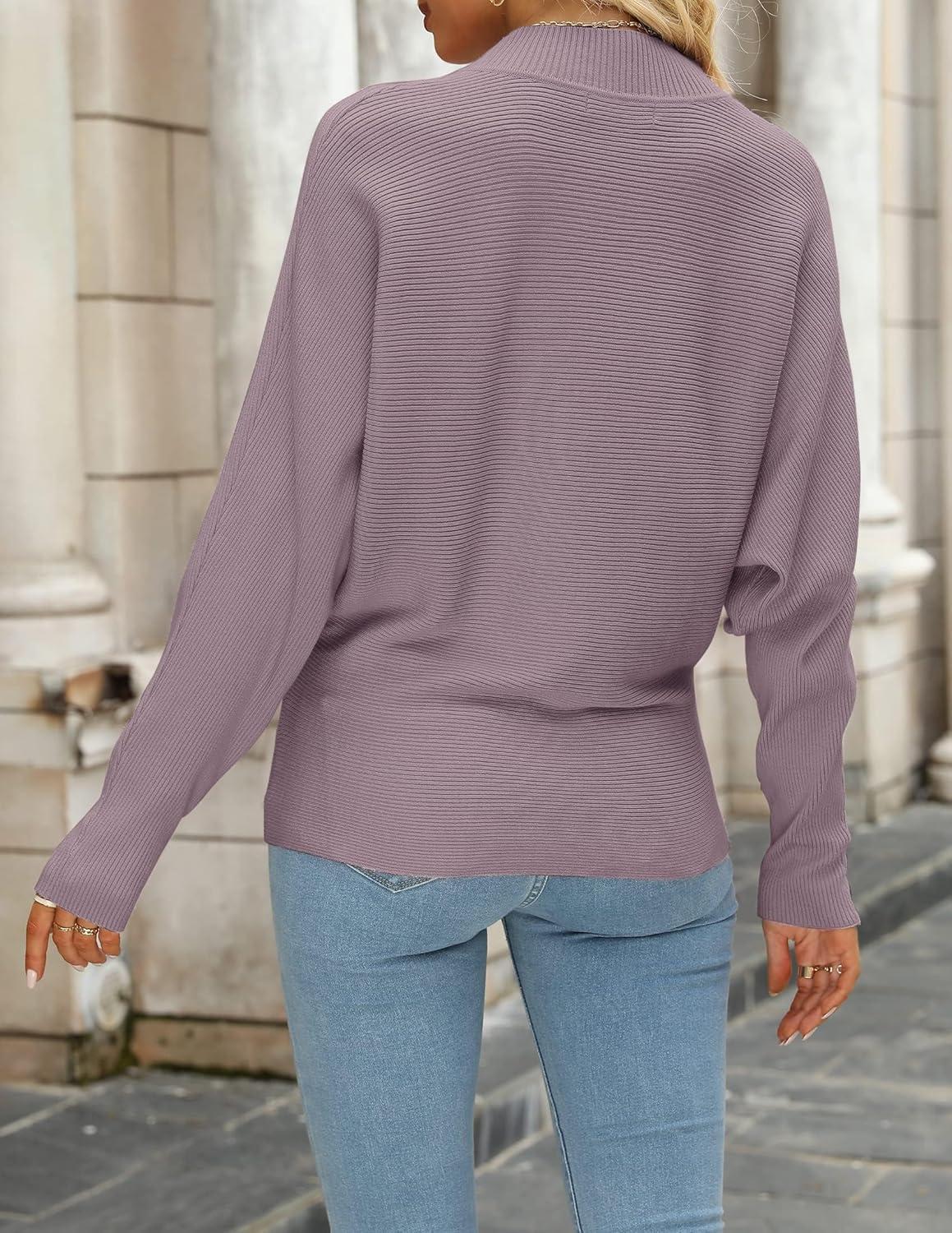 imageZESICA Womens Fall 2026 Turtleneck Batwing Long Sleeve Ribbed Knit Casual Soft Pullover Sweater Jumper TopPurple