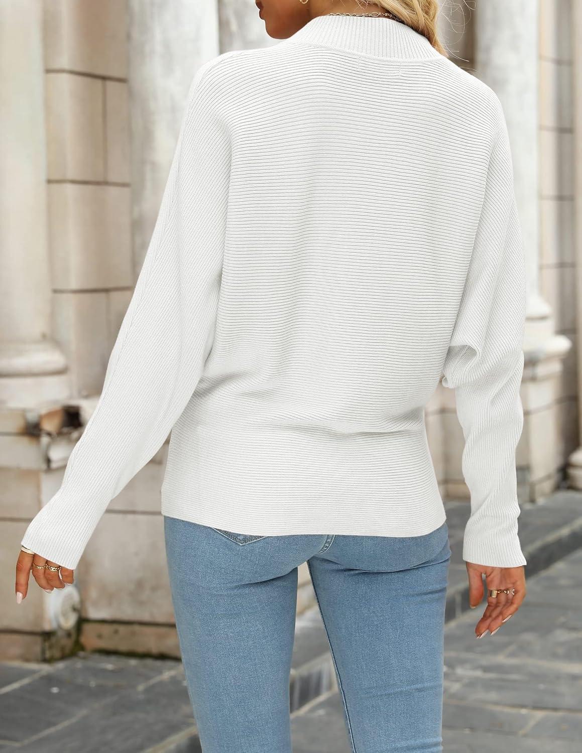 imageZESICA Womens Fall 2026 Turtleneck Batwing Long Sleeve Ribbed Knit Casual Soft Pullover Sweater Jumper TopWhite