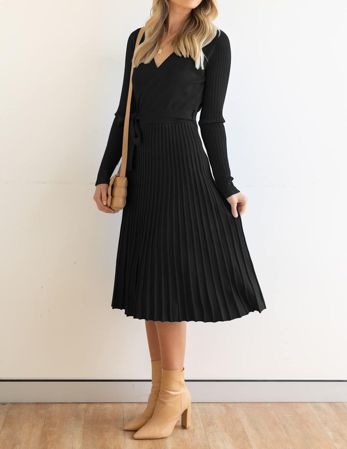 imageZESICA Womens Fall Long Sleeve Wrap V Neck Ribbed Knit Pleated A Line Pullover Sweater Dress with BeltBlack