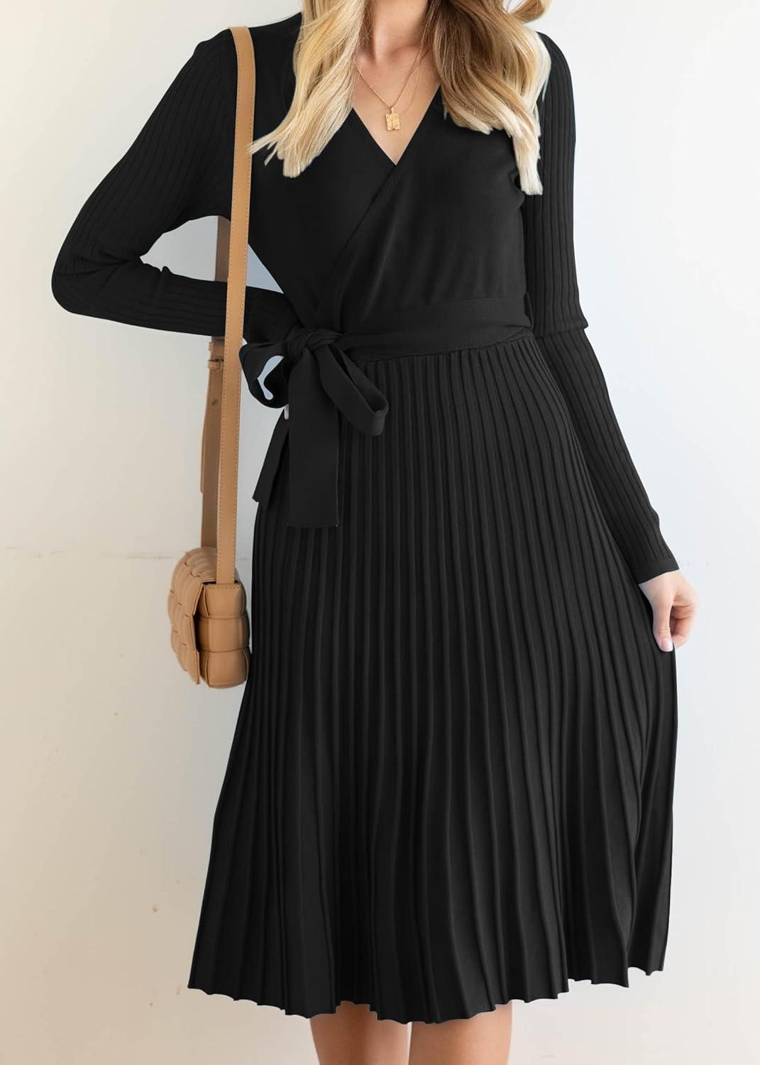 imageZESICA Womens Fall Long Sleeve Wrap V Neck Ribbed Knit Pleated A Line Pullover Sweater Dress with BeltBlack