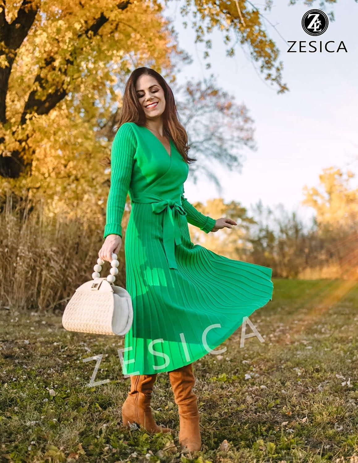 imageZESICA Womens Fall Long Sleeve Wrap V Neck Ribbed Knit Pleated A Line Pullover Sweater Dress with BeltGreen