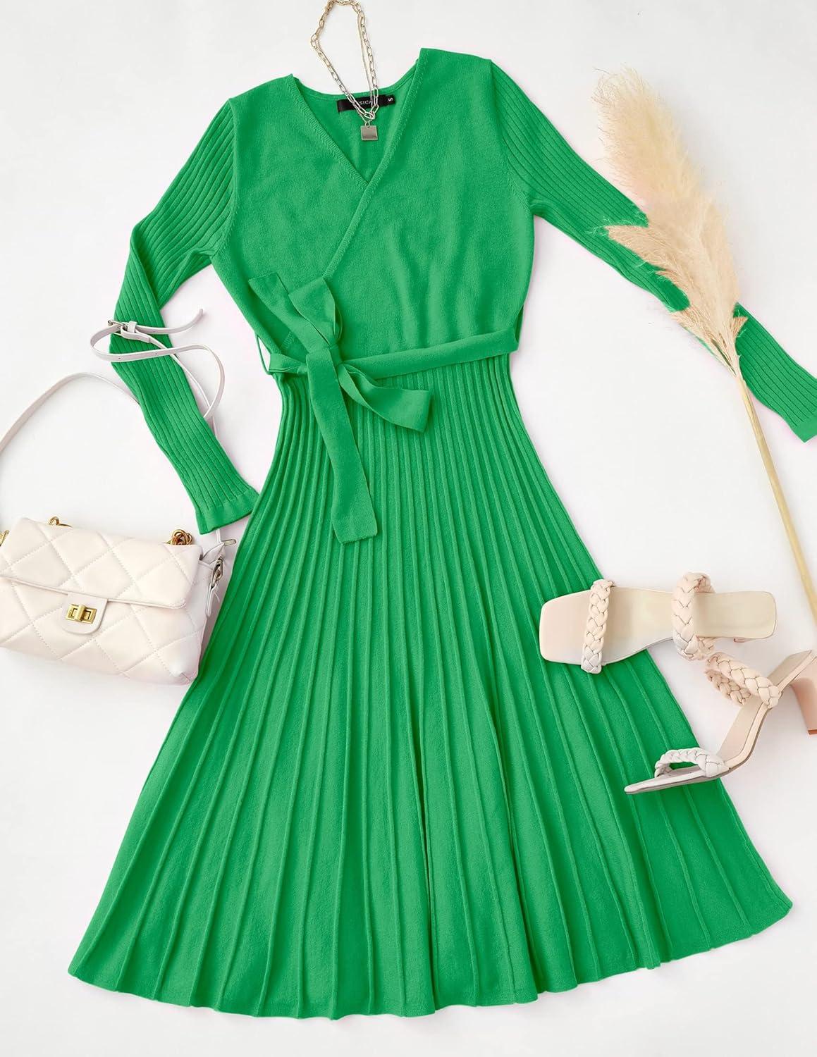 imageZESICA Womens Fall Long Sleeve Wrap V Neck Ribbed Knit Pleated A Line Pullover Sweater Dress with BeltGreen