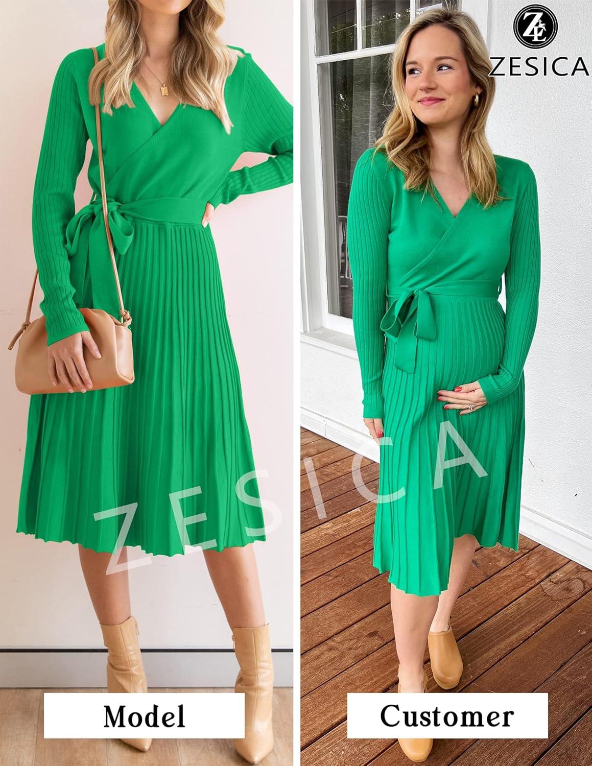 imageZESICA Womens Fall Long Sleeve Wrap V Neck Ribbed Knit Pleated A Line Pullover Sweater Dress with BeltGreen