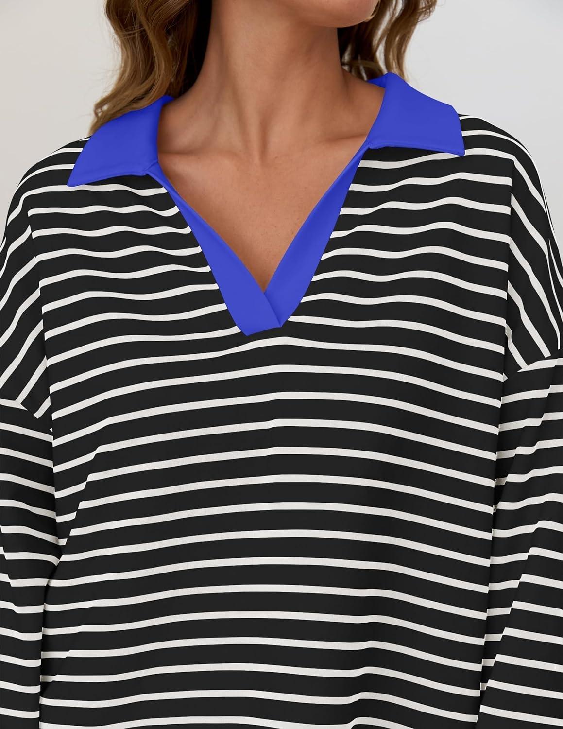 imageZESICA Womens Striped Long Sleeve Tops Oversized Sweatshirt V Neck Loose Fit Tunic Tops Spring Casual BlousesBlack