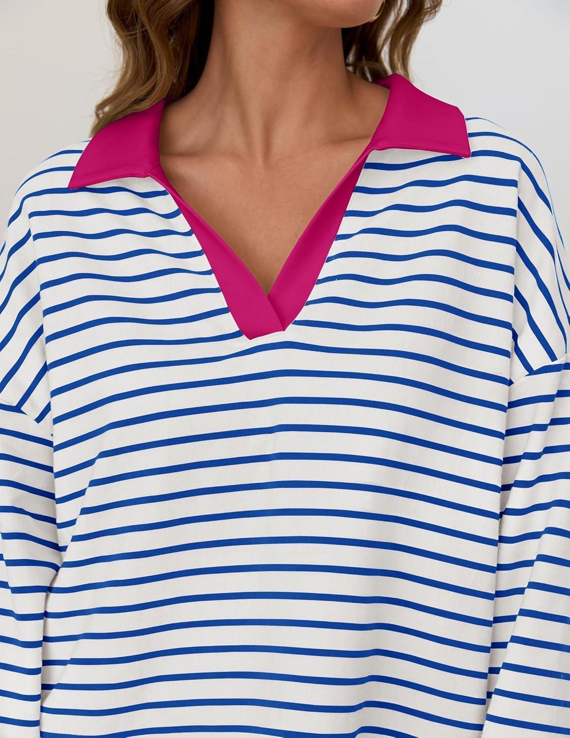 imageZESICA Womens Striped Long Sleeve Tops Oversized Sweatshirt V Neck Loose Fit Tunic Tops Spring Casual BlousesBlue