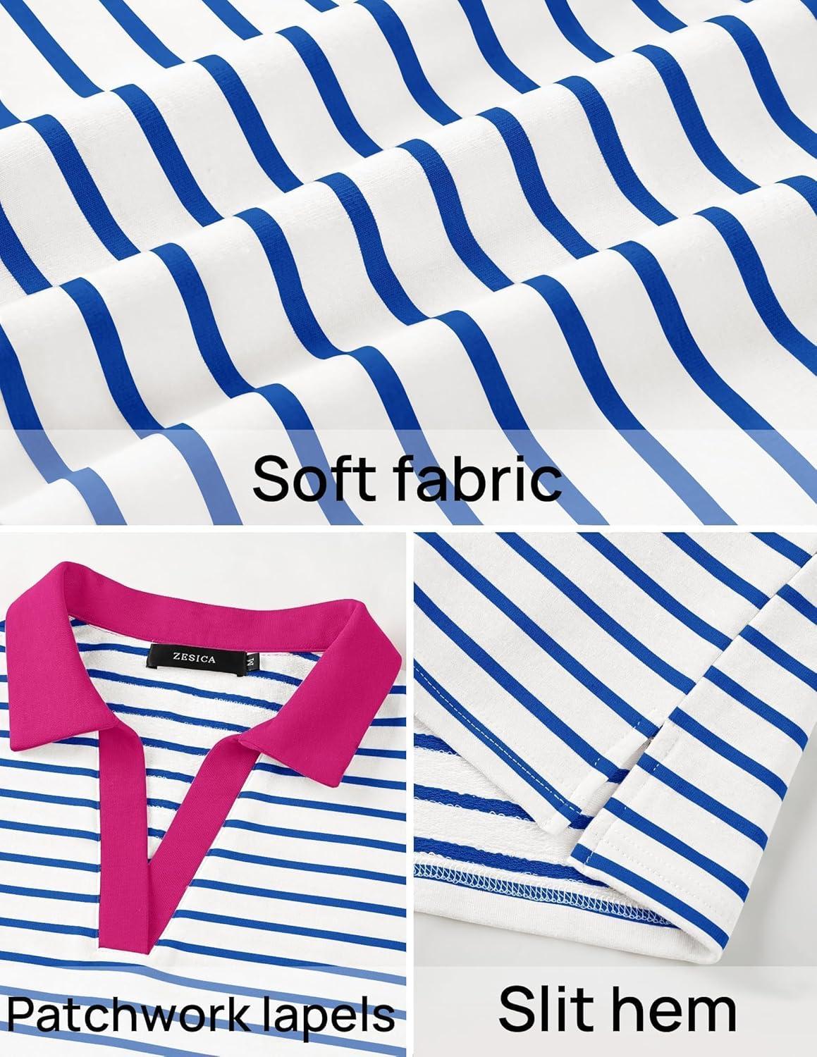 imageZESICA Womens Striped Long Sleeve Tops Oversized Sweatshirt V Neck Loose Fit Tunic Tops Spring Casual BlousesBlue