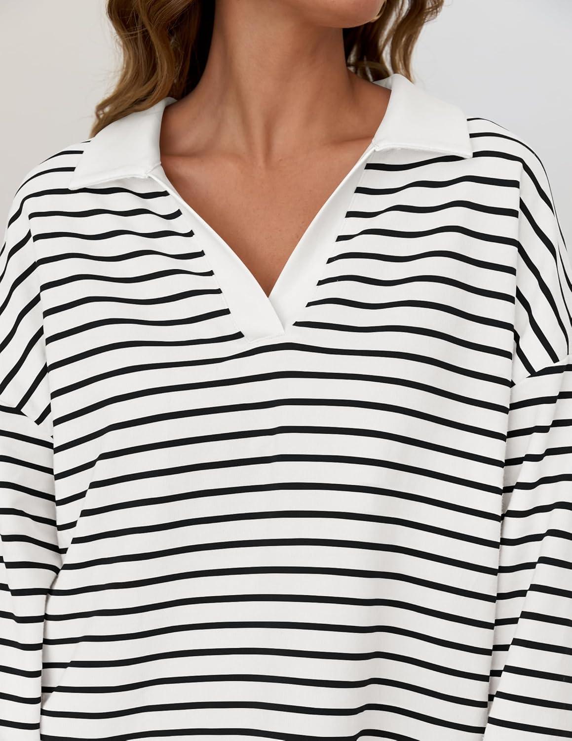 imageZESICA Womens Striped Long Sleeve Tops Oversized Sweatshirt V Neck Loose Fit Tunic Tops Spring Casual BlousesWhite