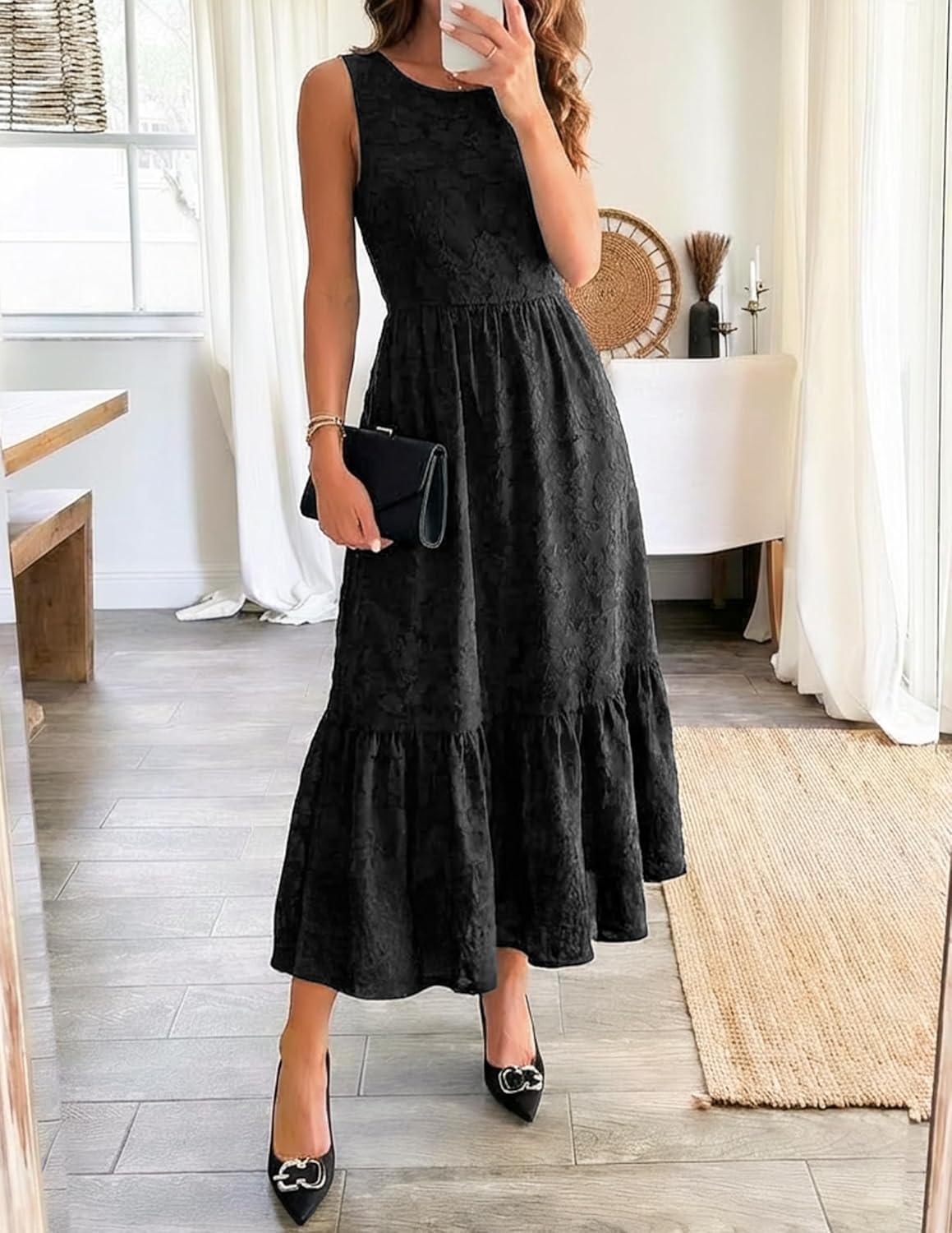 imageZESICA Womens Summer Boho Floral Midi Dress 2026 Sleeveless Beach Vacation Dresses Casual Flowy SundressBlack