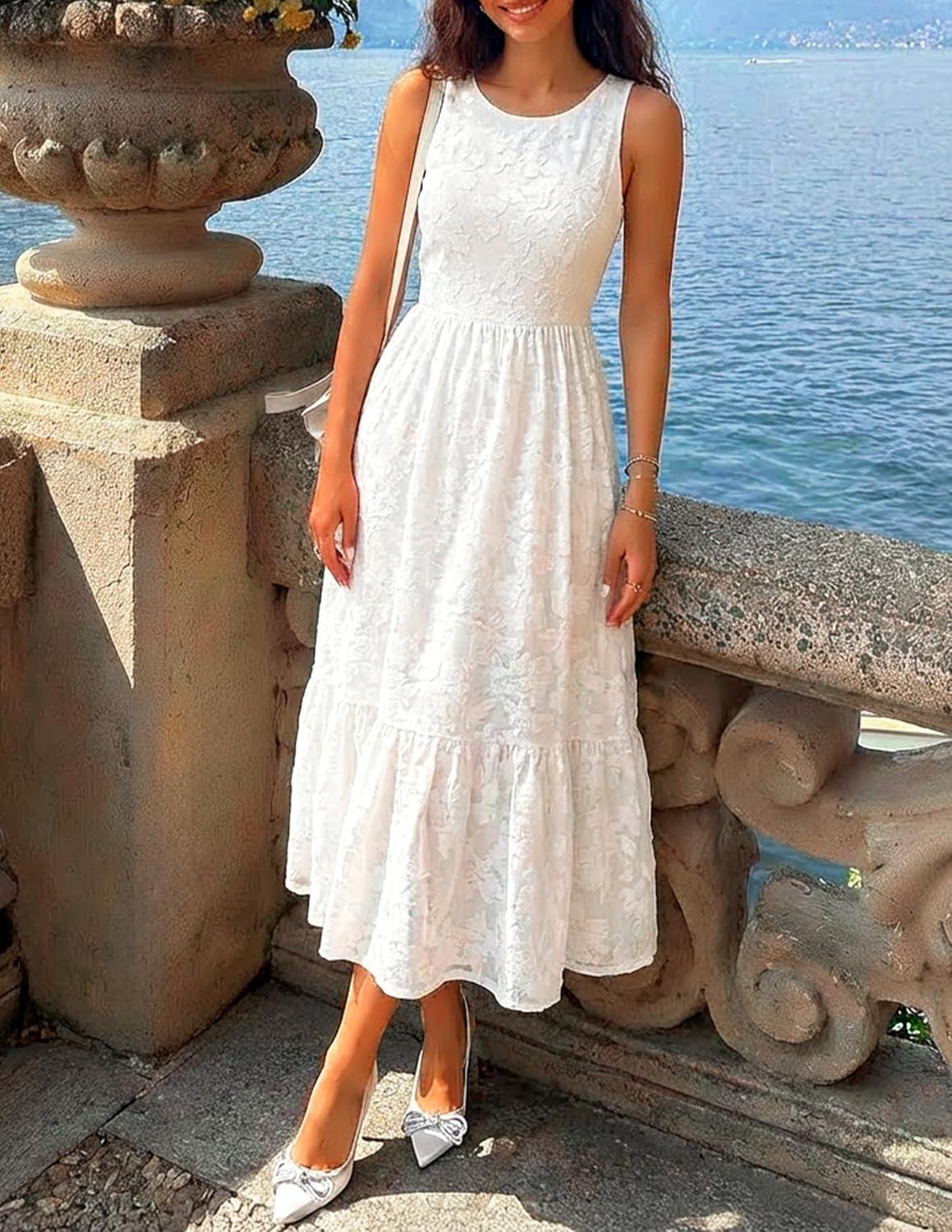 imageZESICA Womens Summer Boho Floral Midi Dress 2026 Sleeveless Beach Vacation Dresses Casual Flowy SundressWhite