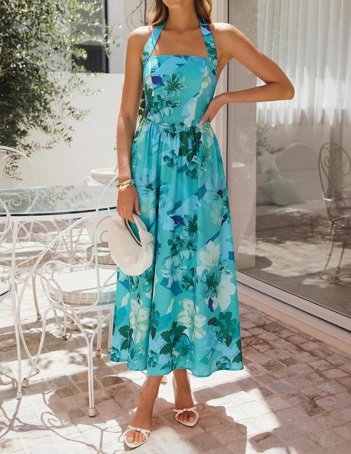 imageZESICA Womens Summer Floral Halter Midi Dress 2026 Sleeveless Off Shoulder High Waist Flowy Casual Beach Long DressesGreen