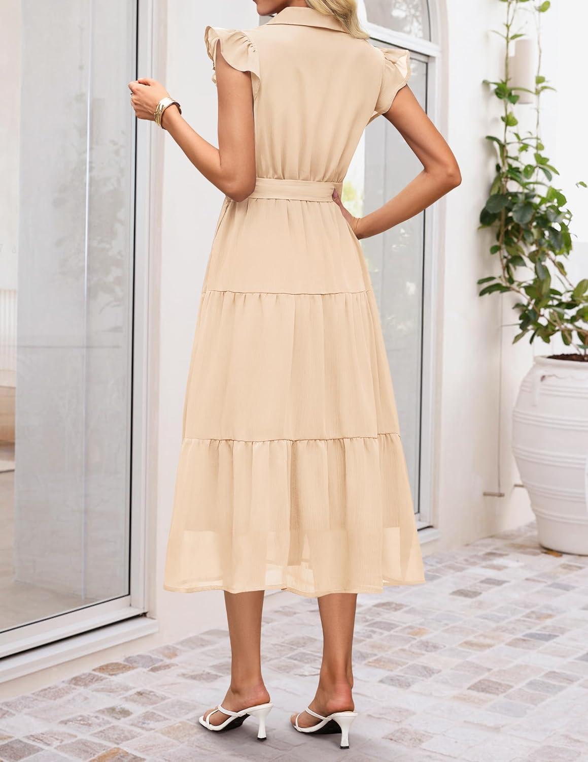 imageZESICA Womens Summer Floral Midi Dress 2026 Casual Flutter Short Sleeve Chiffon Button Down Wedding Guest Party DressesApricot